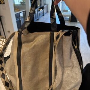 Metallic Tan Tote Bag with Patterned Straps